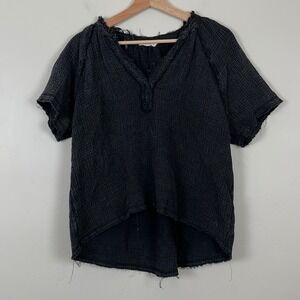 Top Women L Boho Lagenlook Cottage Oversized Crinkle Distressed Gauze Raw Hem